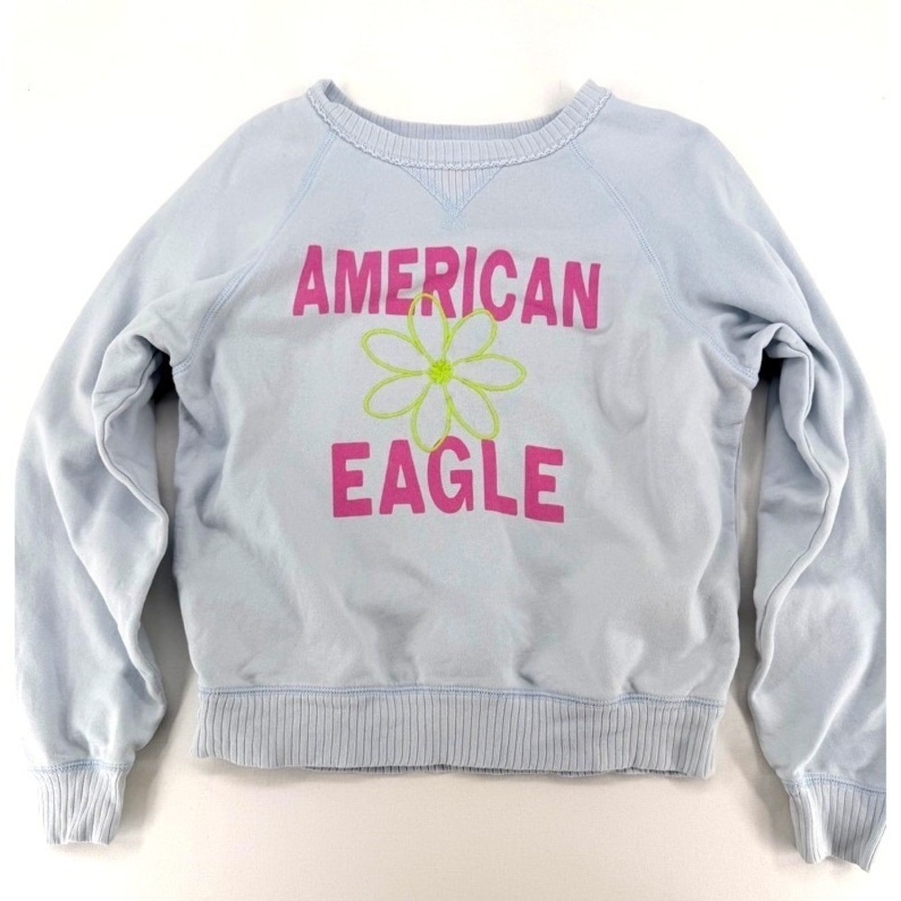 American Eagle Light Blue Sweatshirt Floral Logo Crop‎ XS